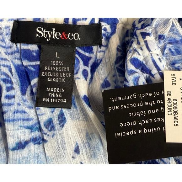 Style & Co Women Top Blouse Size Large Short Sleeve V-Neck Blue White Floral New - Picture 9 of 10